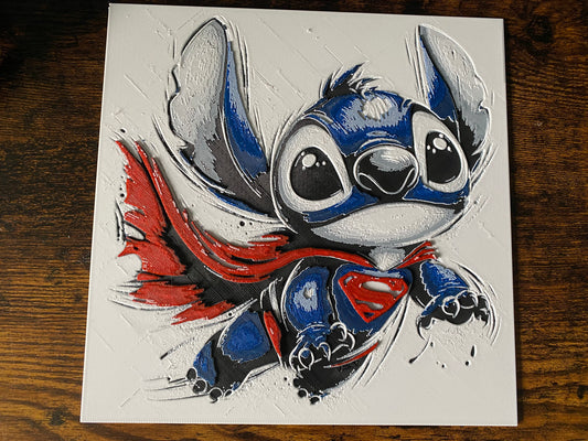 Stitch Dressed as Superman – HueForge 12″×12″ 3D Printed Wall Art