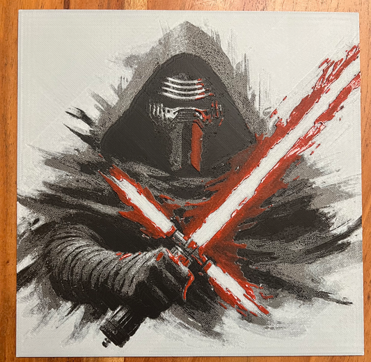 Kylo Ren with Red Lightsaber – HueForge 12″×12″ 3D Printed Wall Art