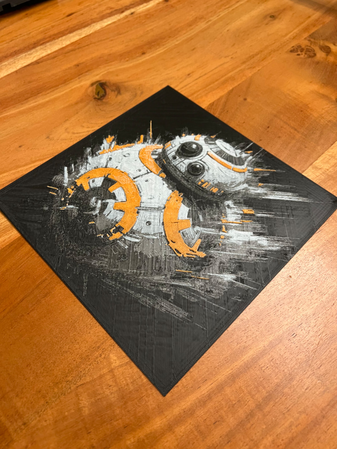 BB-8 with Orange Highlights, Black Background – HueForge 12″×12″ 3D Printed Wall Art