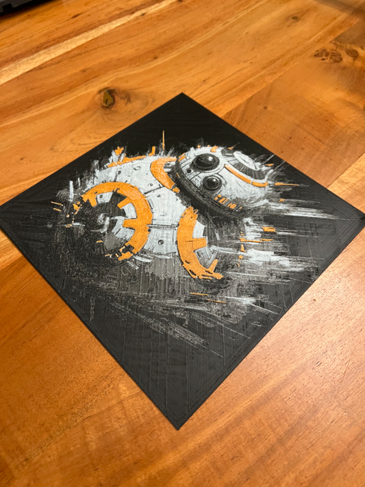 BB-8 with Orange Highlights, Black Background – HueForge 12″×12″ 3D Printed Wall Art